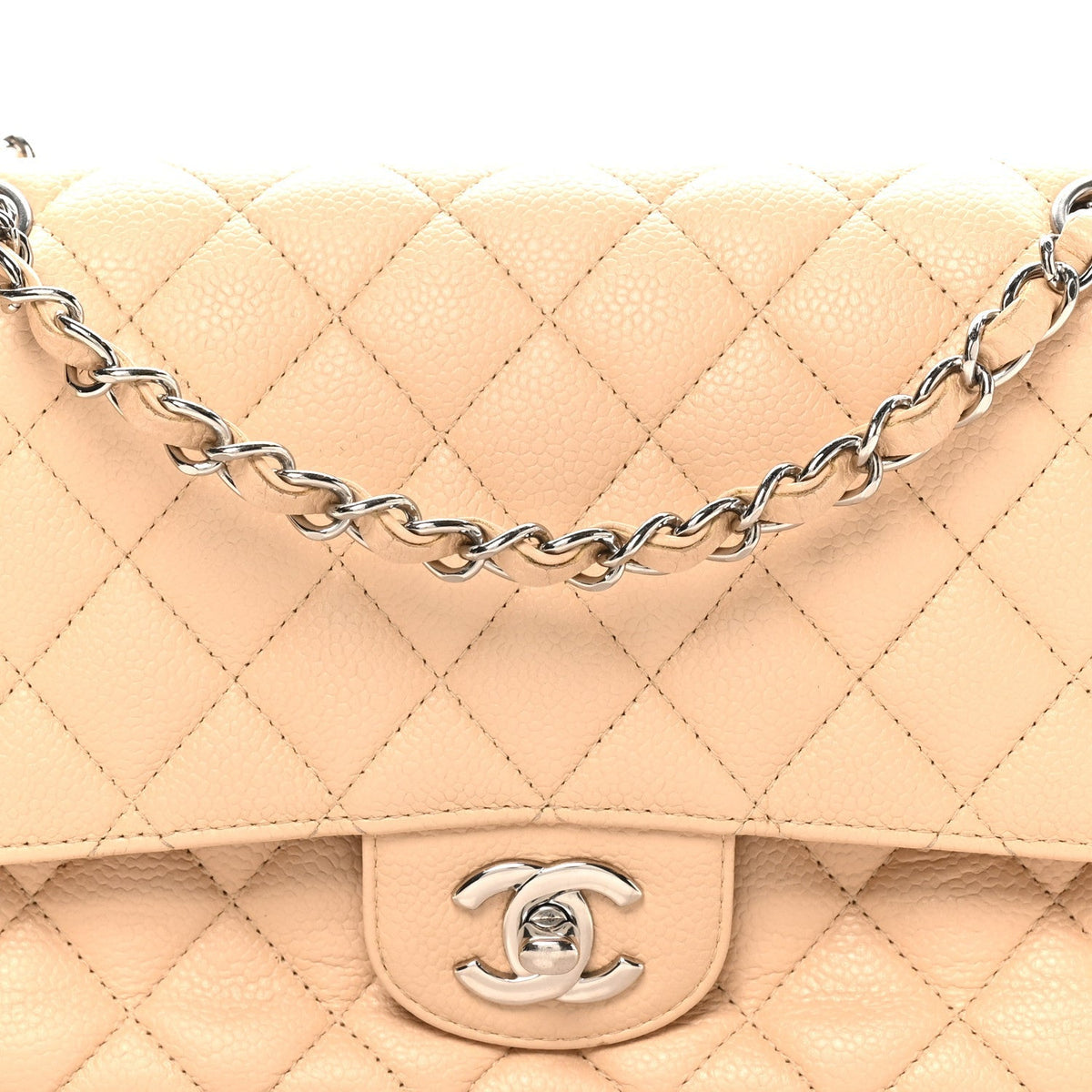 Caviar Quilted Medium Double Flap Beige
