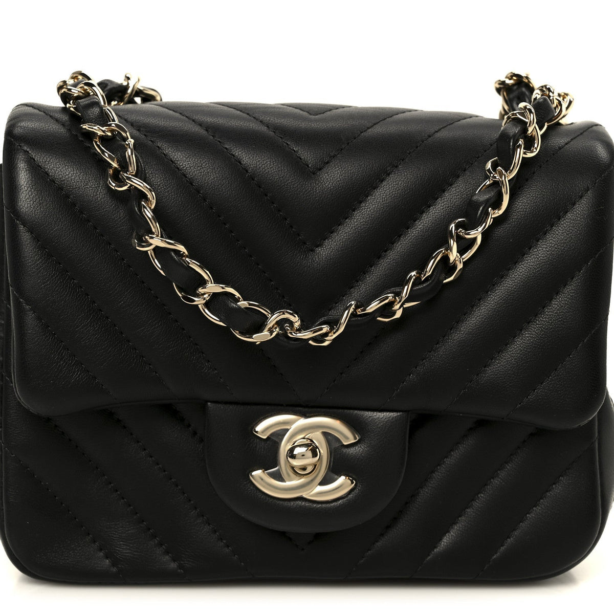 Lambskin Chevron Quilted Mini Square Flap Black