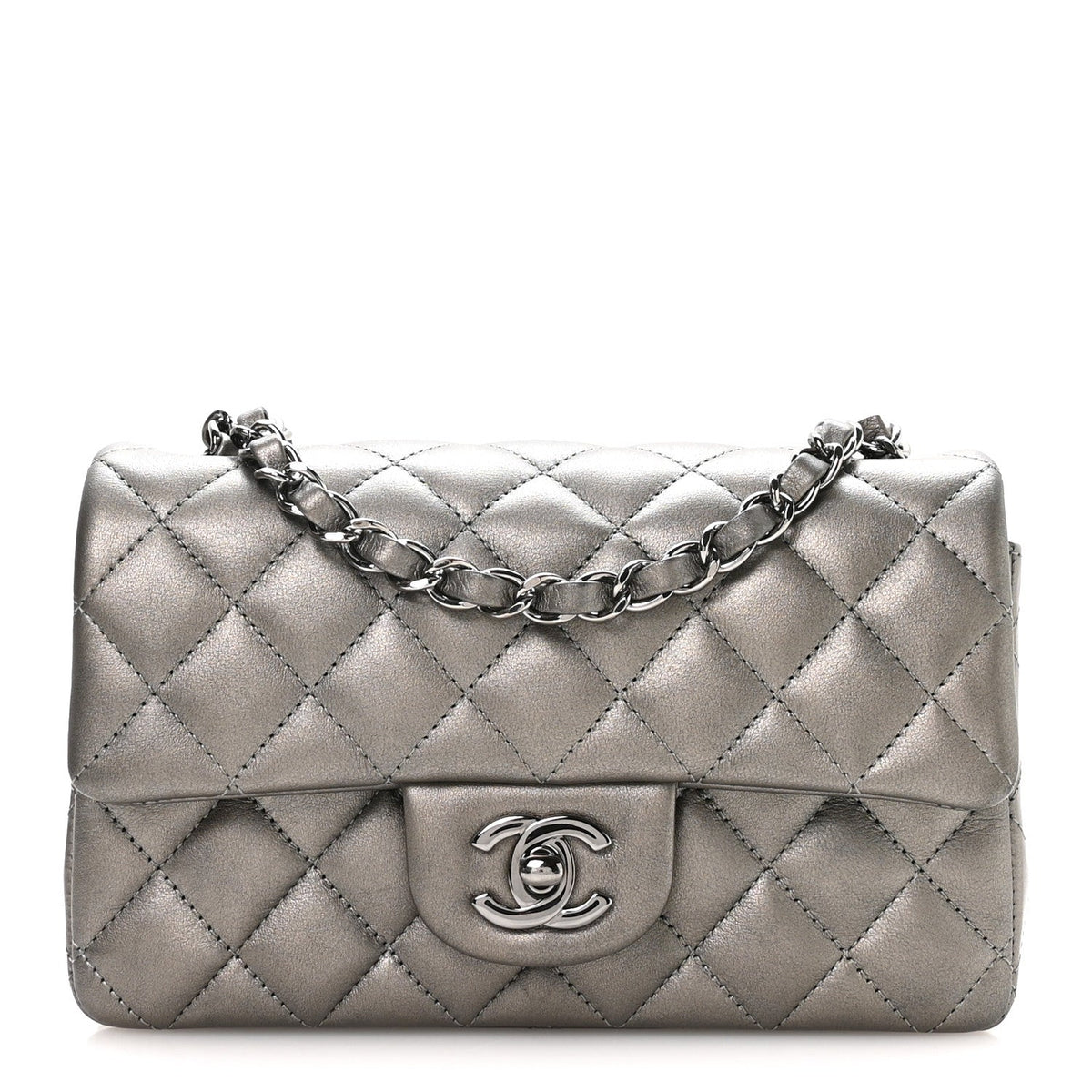 Metallic Lambskin Quilted Mini Rectangular Flap Silver