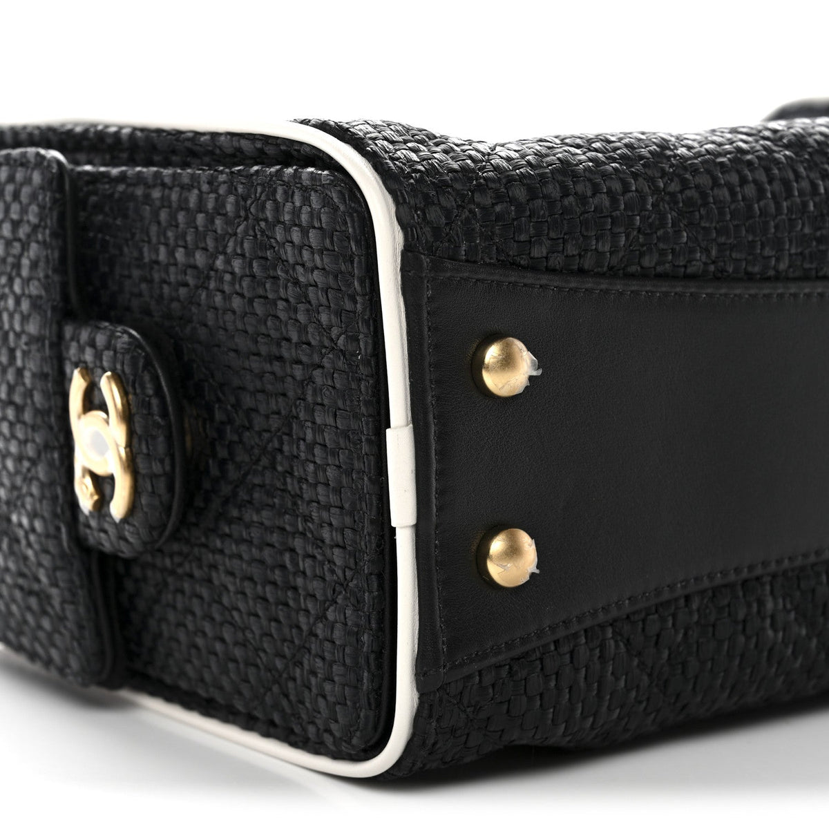 Braided Raffia Calfskin Quilted Mini Chanel 25 Handbag Black White