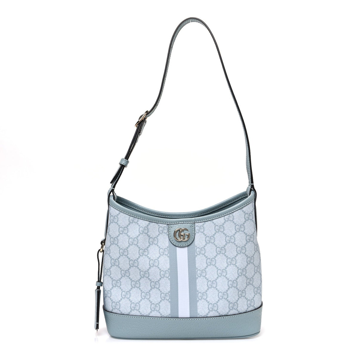 GG Supreme Monogram Textured Dollar Calfskin Web Small Ophidia Bucket Shoulder Bag Dusty Blue