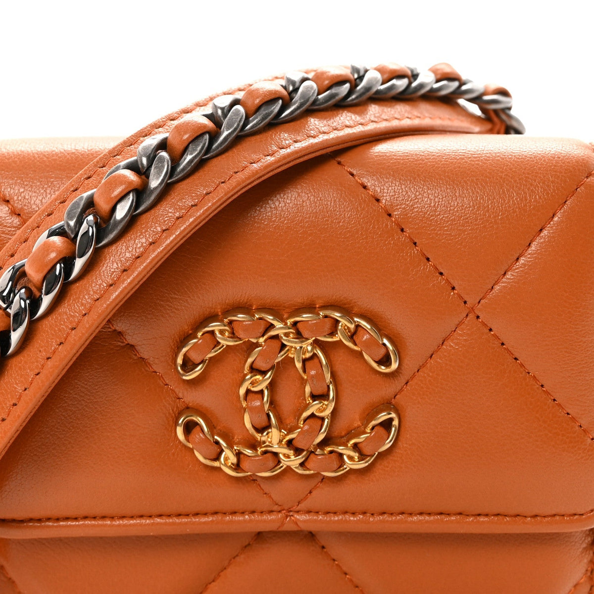 Lambskin Quilted Chanel 19 Flap Coin Purse With Chain Light Brown