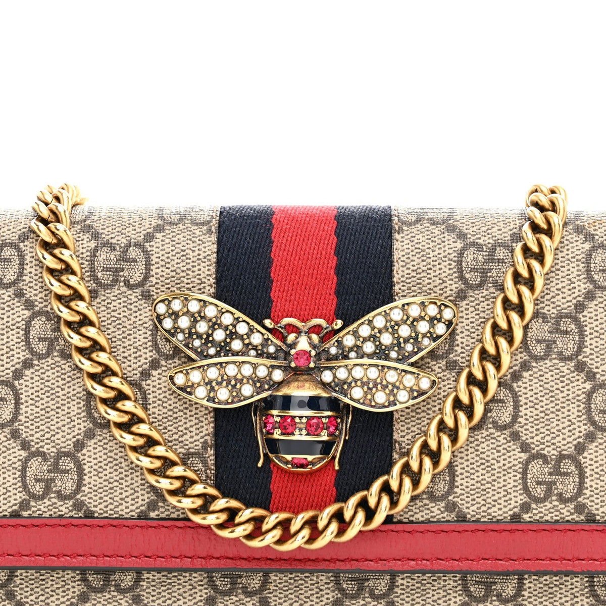 GG Supreme Monogram Web Queen Margaret Chain Wallet Red