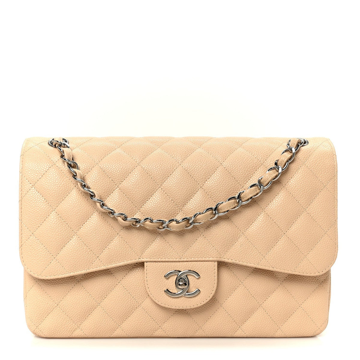 Caviar Quilted Jumbo Double Flap Beige Clair