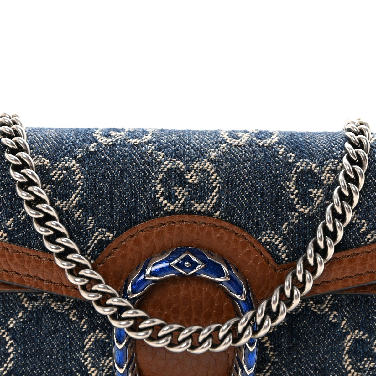 New Denim GG Monogram Dollar Calfskin Enamel Super Mini Dionysus Shoulder Bag Blue Tea Cuir Epilog Electric Blue