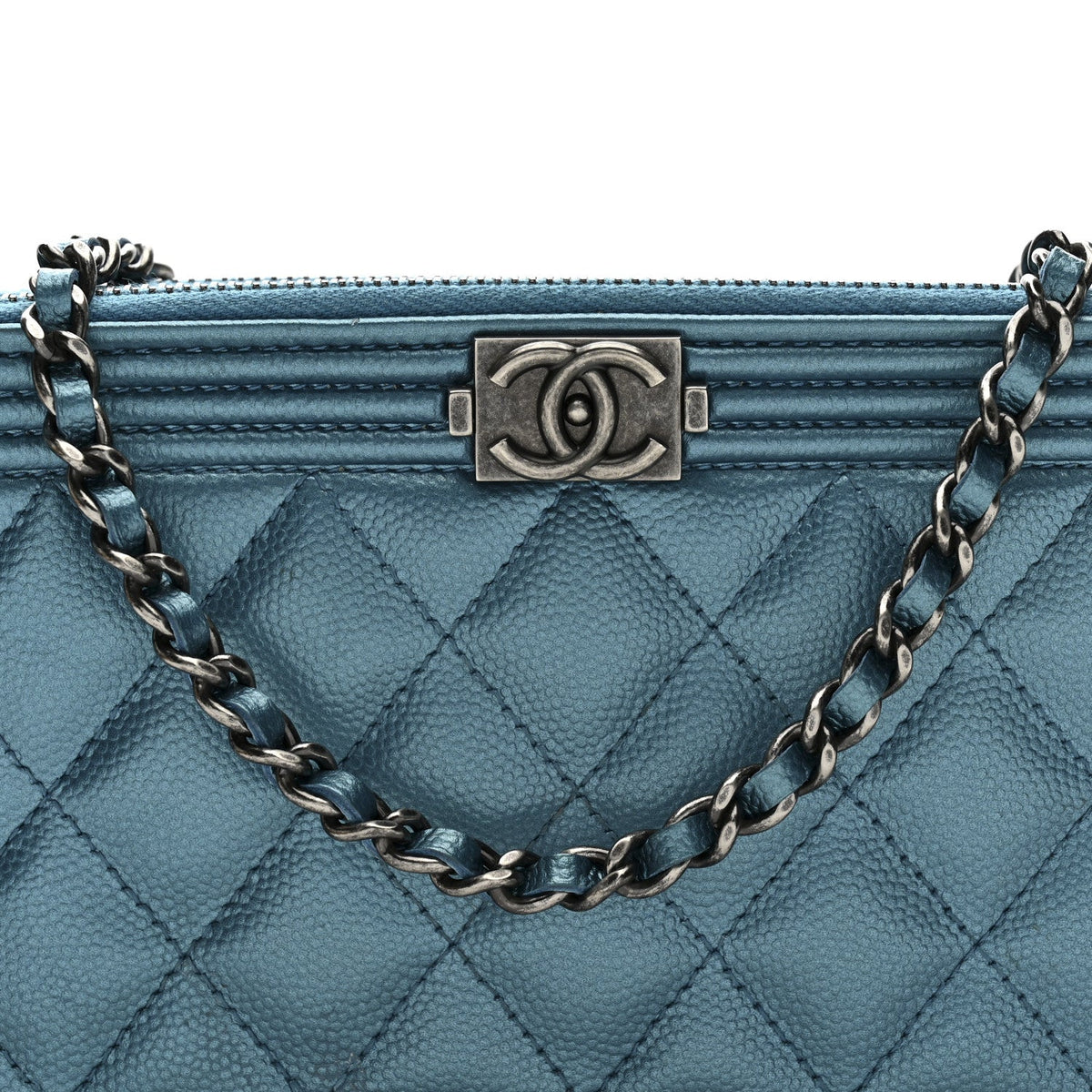 Metallic Caviar Quilted Small Boy Clutch With Chain Turquoise