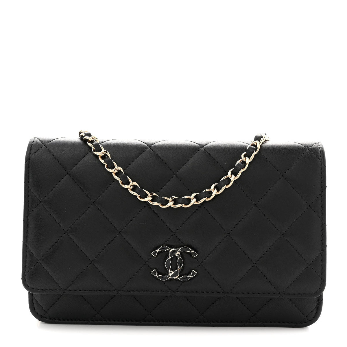 Lambskin Quilted Enamel CC Wallet On Chain WOC Black