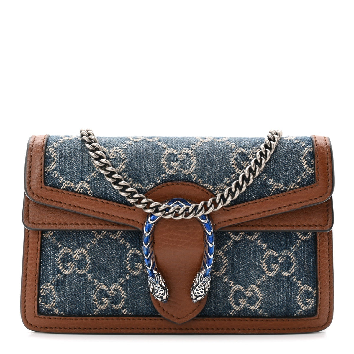 New Denim GG Monogram Dollar Calfskin Enamel Super Mini Dionysus Shoulder Bag Blue Tea Cuir Epilog Electric Blue