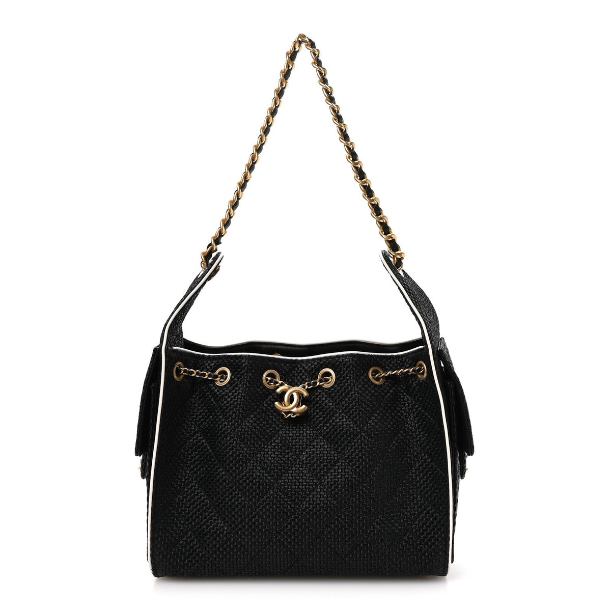 Braided Raffia Calfskin Small Chanel 25 Handbag Black White