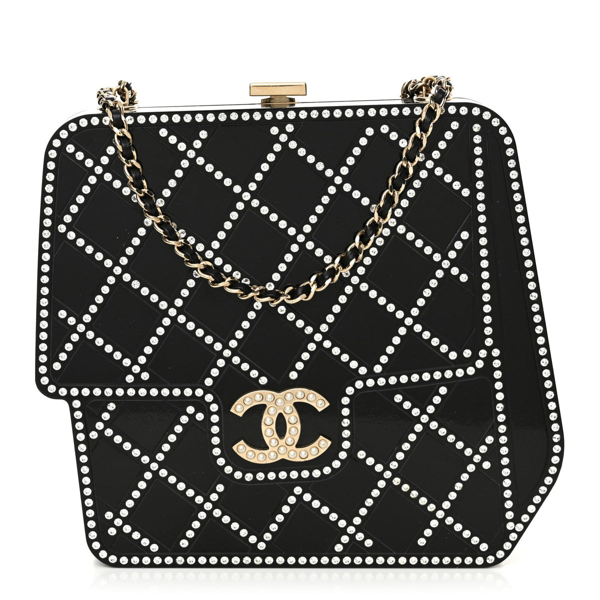 Plexiglass Crystal Quilted Minaudiere Clutch Black White