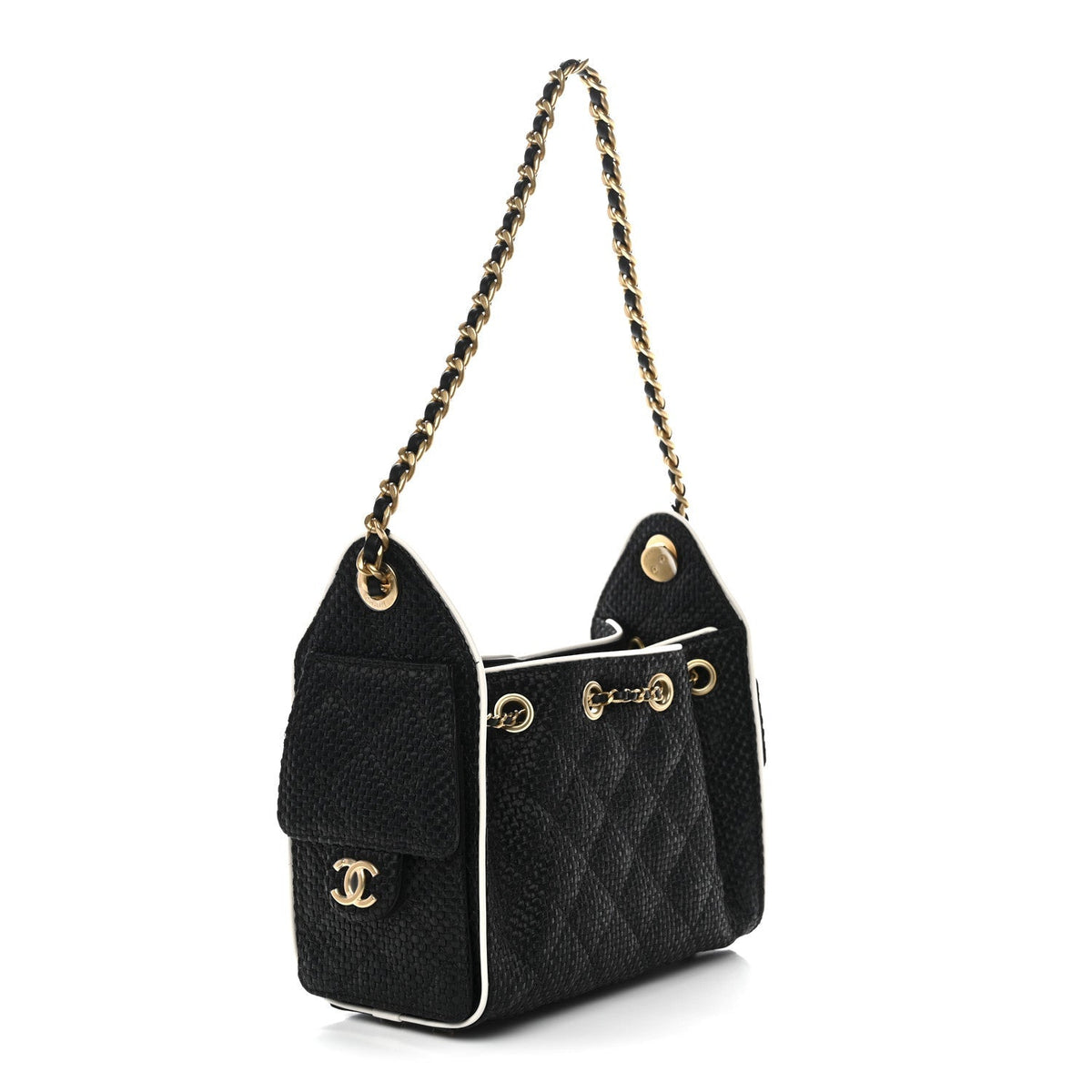 Braided Raffia Calfskin Quilted Mini Chanel 25 Handbag Black White