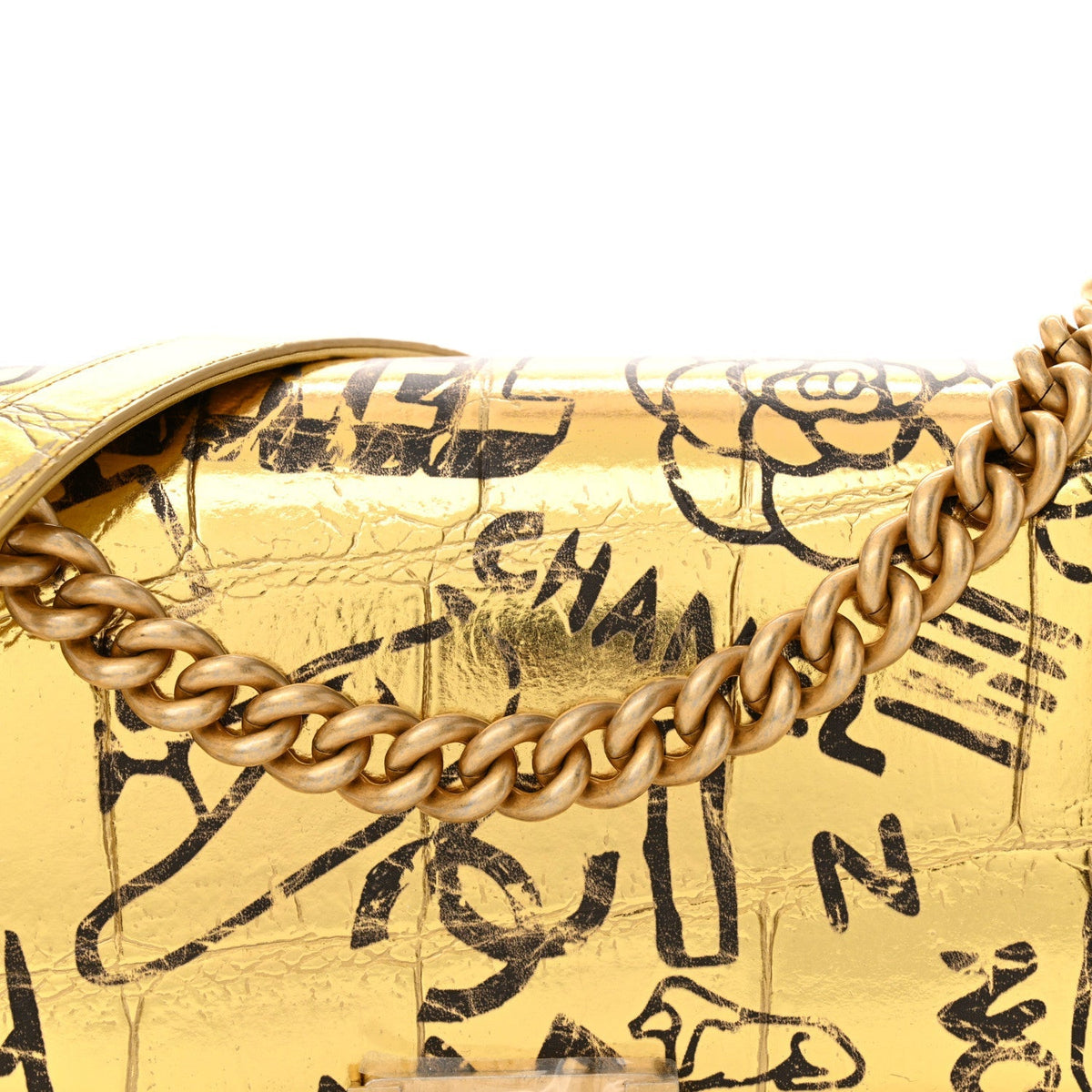 Metallic Calfskin Crocodile Embossed Graffiti Medium Cocodile Boy Flap Gold