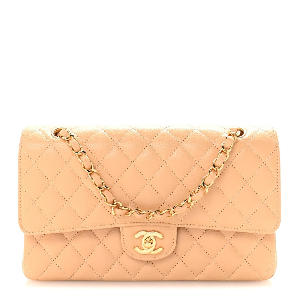 Caviar Quilted Medium Double Flap Beige