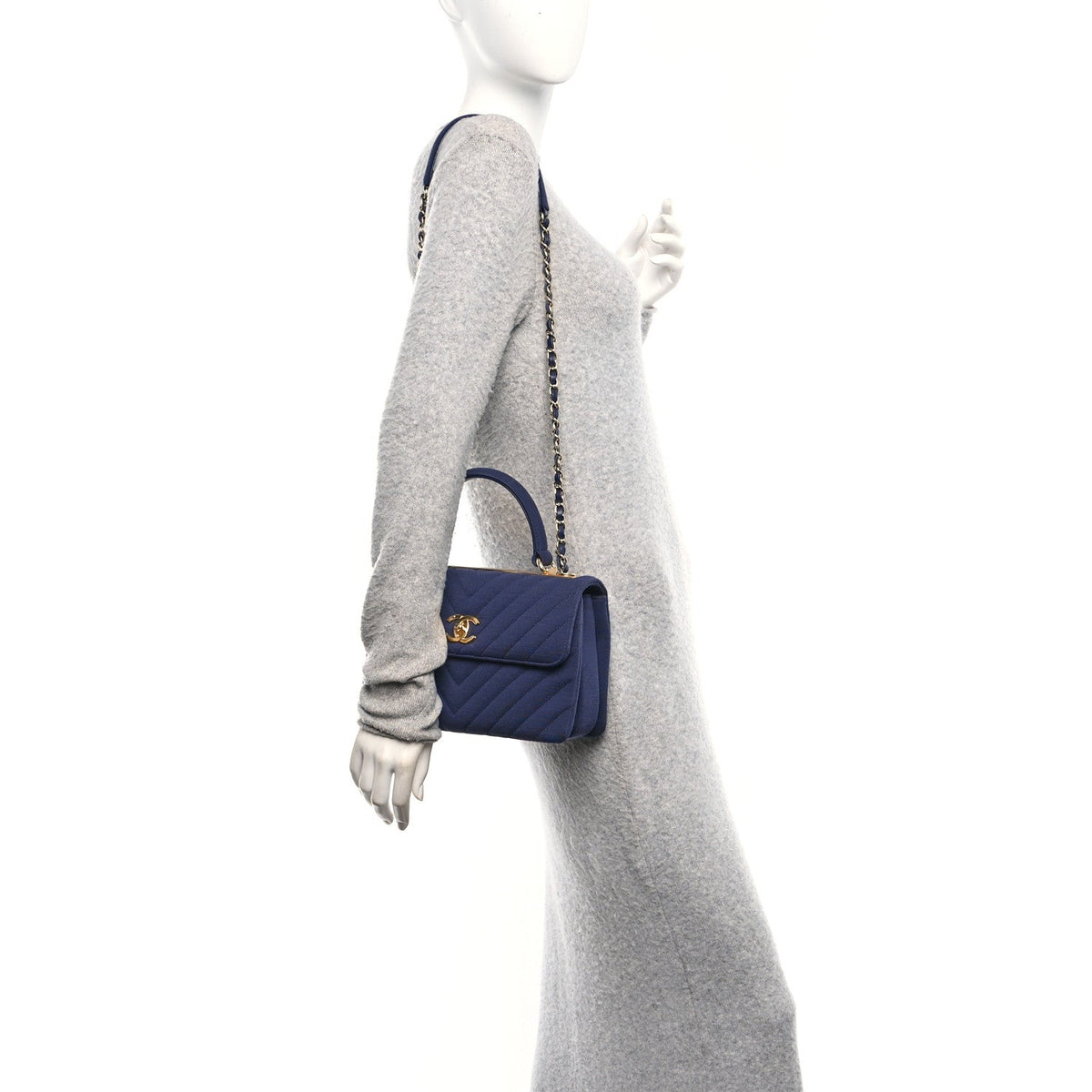 Jersey Chevron Quilted Small Trendy CC Dual Handle Flap Bag Navy Blue