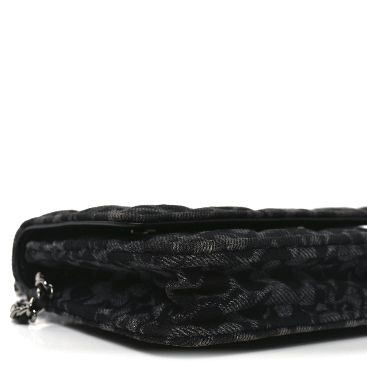 Printed Denim Quilted Flower Wallet On Chain WOC Black