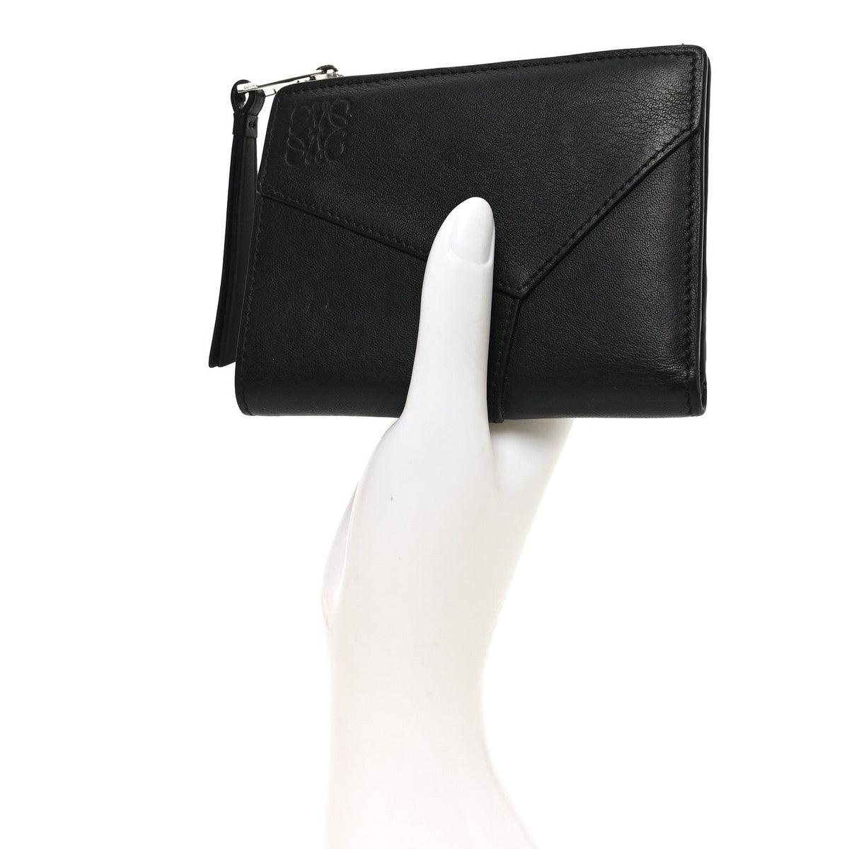 Calfskin Puzzle Zip Slim Compact Bi-Fold Wallet Black