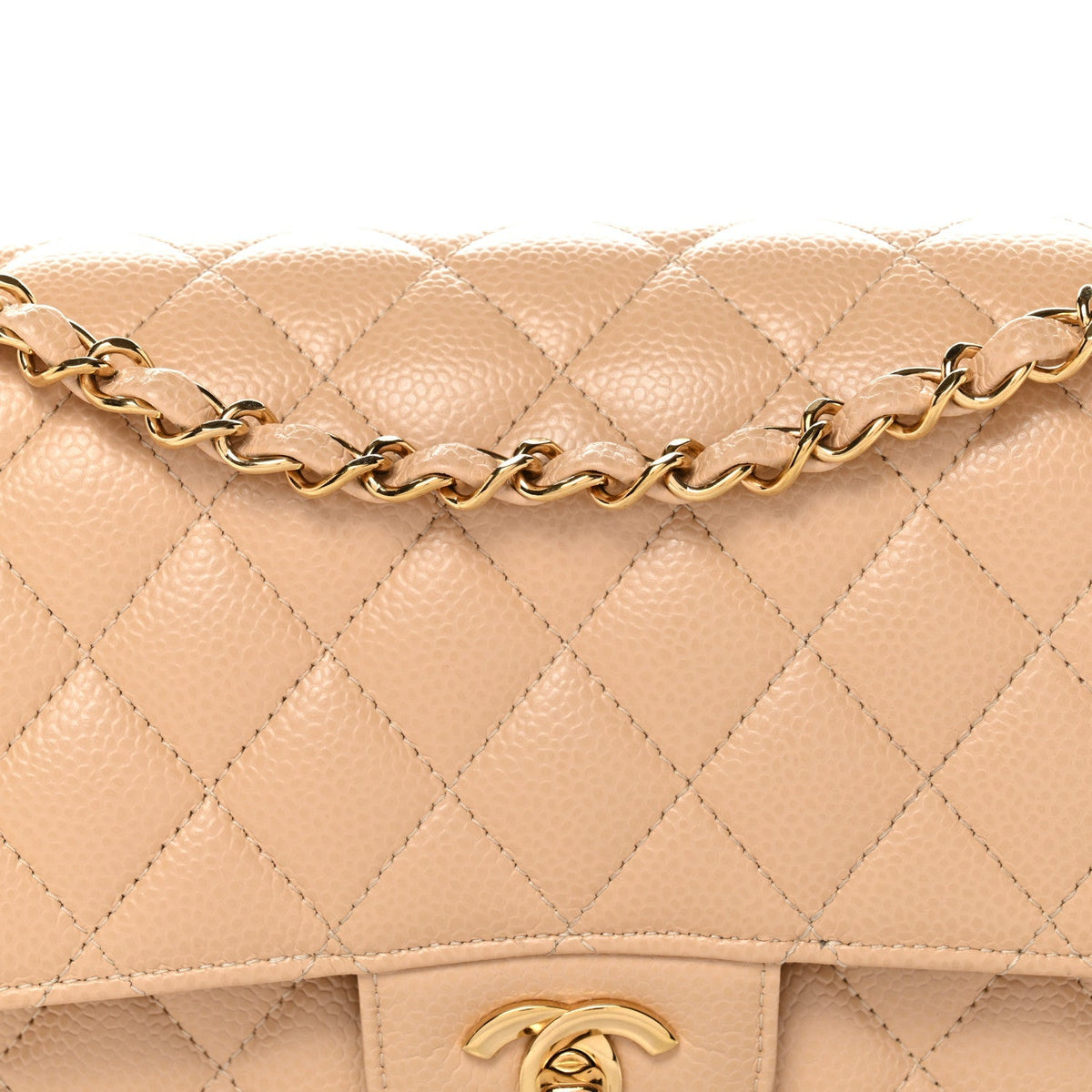 Caviar Quilted Medium Double Flap Beige