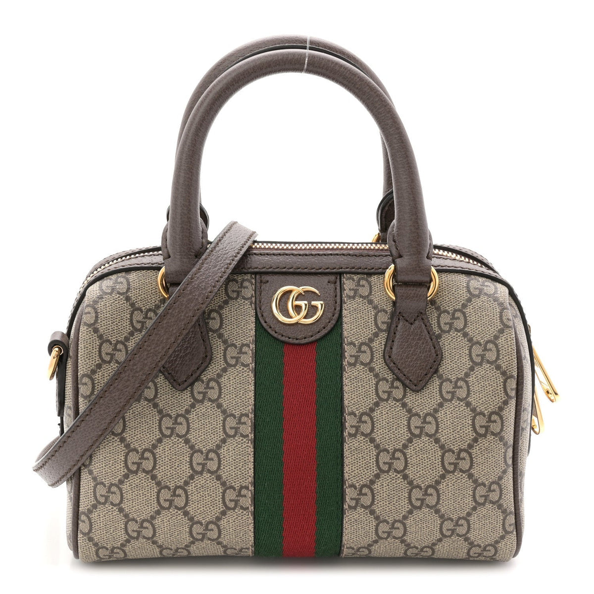 GG Supreme Monogram Textured Dollar Calfskin Web Mini Ophidia Top Handle Bag Beige Ebony New Acero