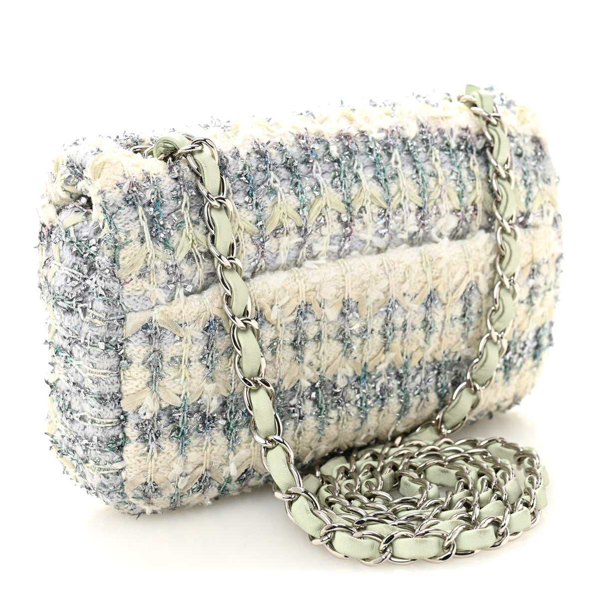 Tweed Quilted Mini Rectangular Flap Light Green Silver White