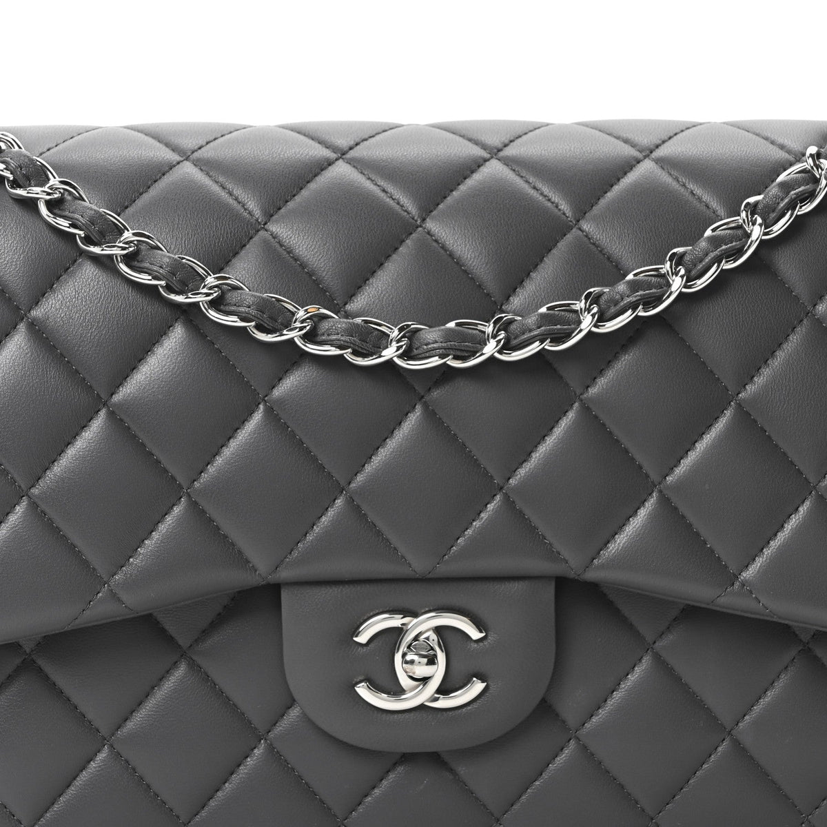 Lambskin Quilted Jumbo Double Flap Dark Grey