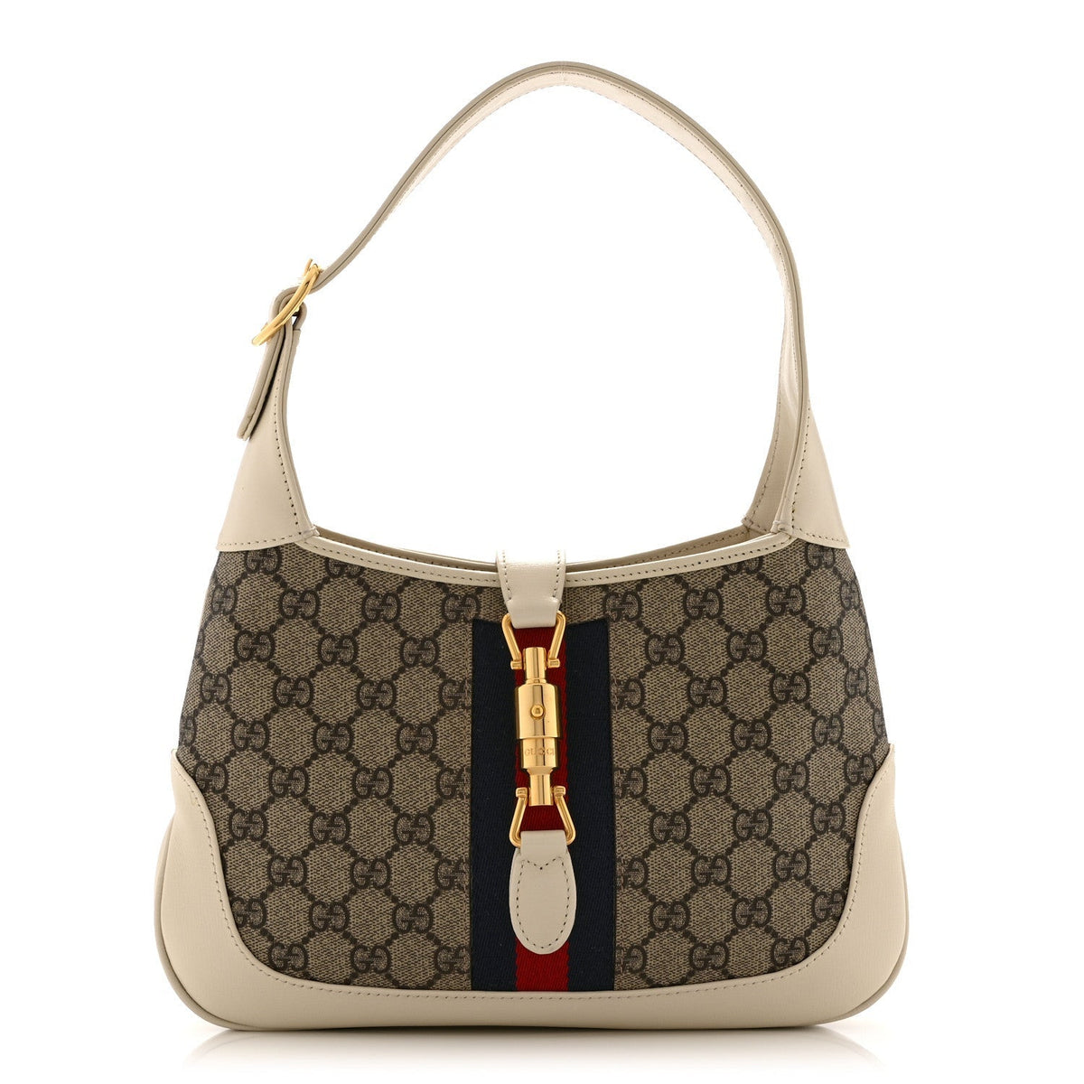 GG Supreme Monogram Azalea Calfskin Web Small Jackie 1961 Hobo Beige Ebony Mystic White