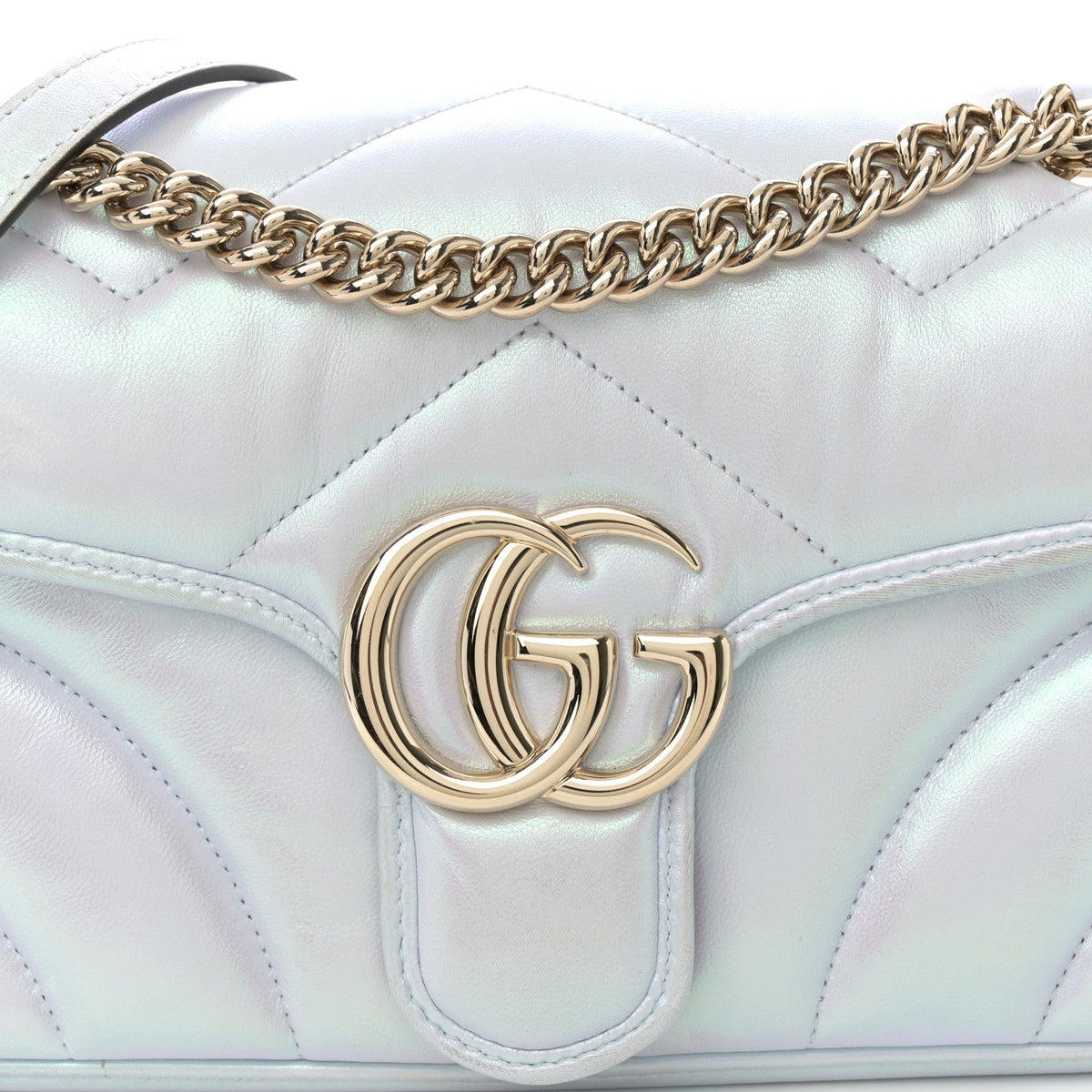 Iridescent Nappa Chevron Matelasse Small GG Marmont Shoulder Bag Iridescent Snow Light Blue