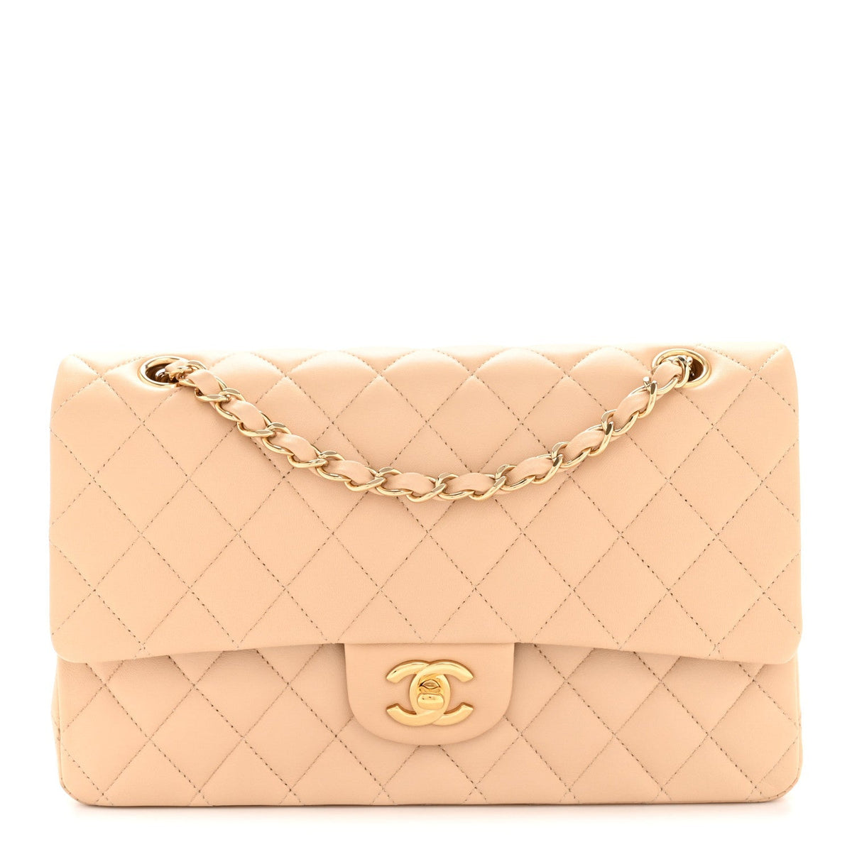 Lambskin Quilted Medium Double Flap Beige