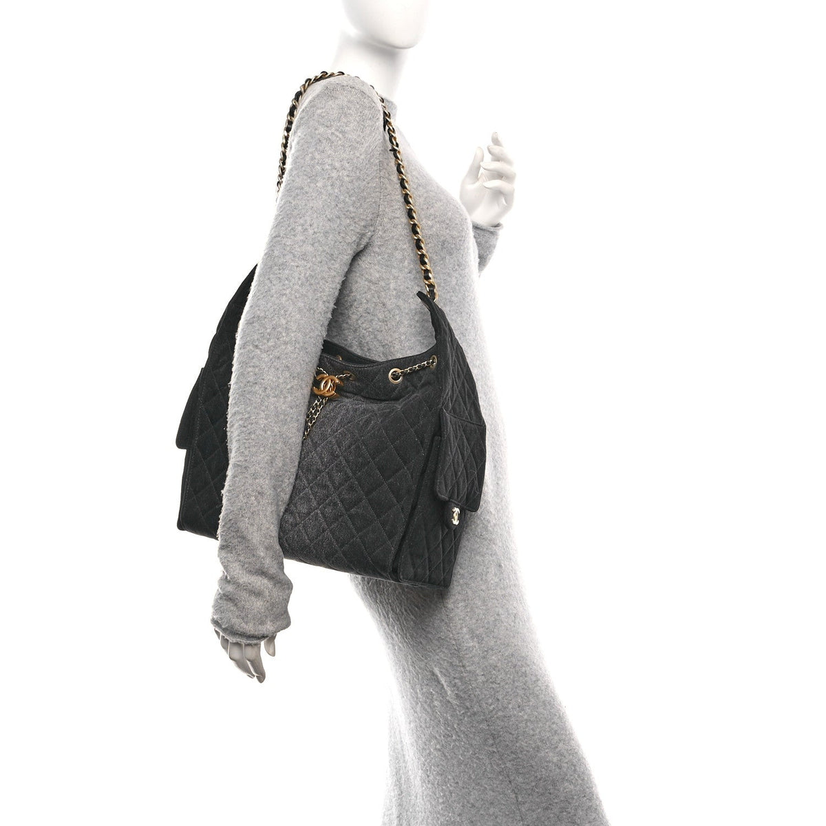 Washed Denim Quilted Medium Chanel 25 Handbag Black