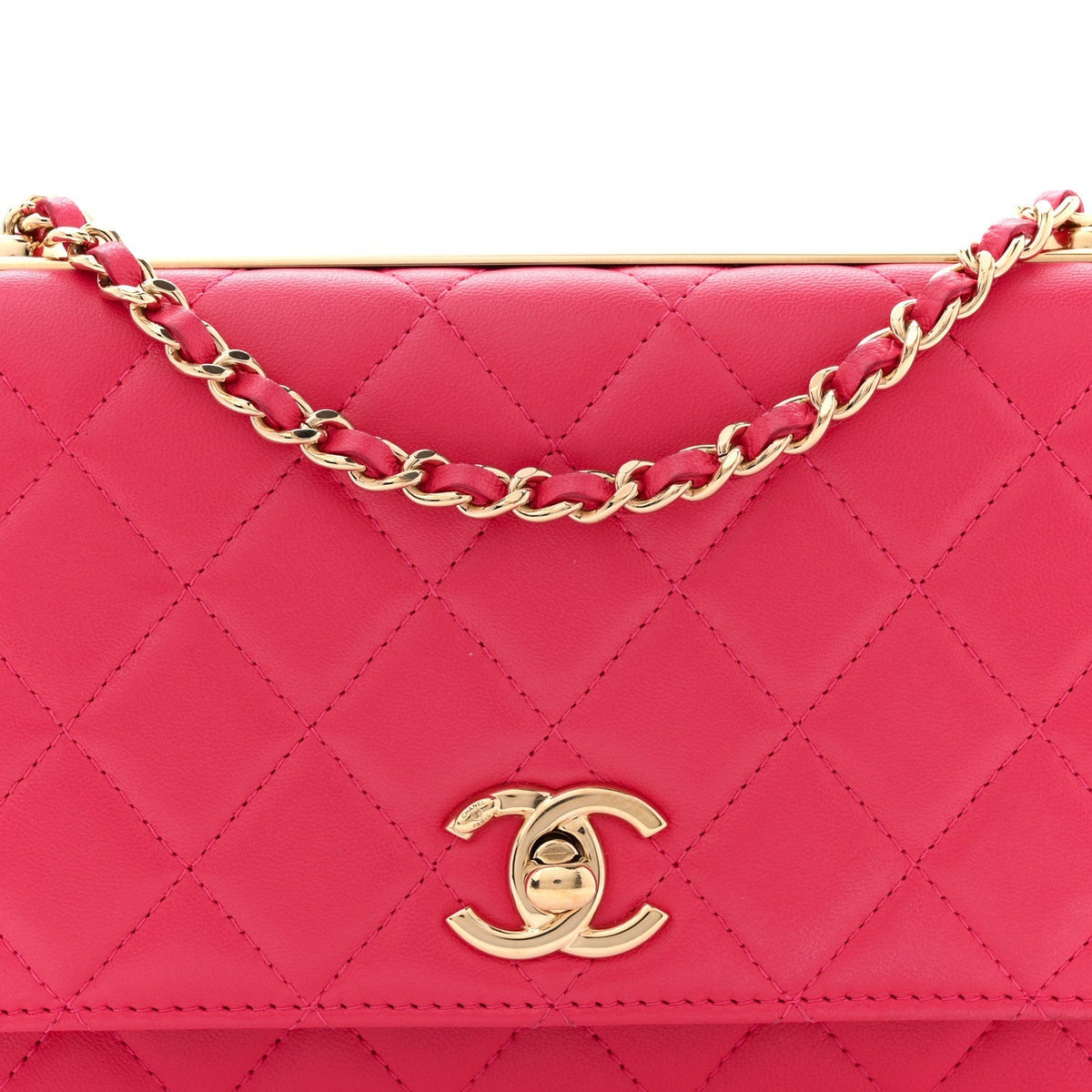 Lambskin Quilted Trendy CC Wallet On Chain WOC Dark Pink