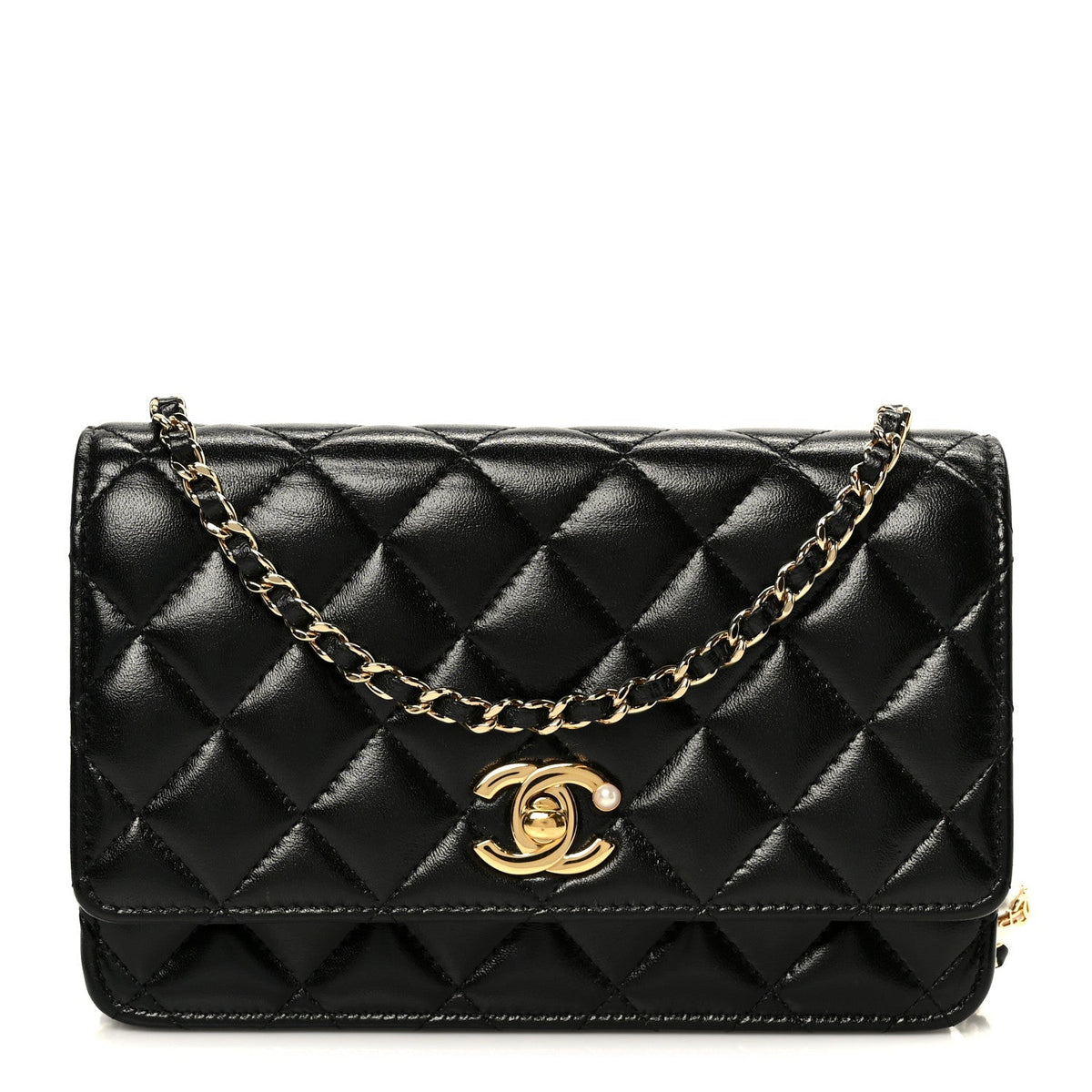 Shiny Lambskin Quilted CC Pearl Wallet on Chain WOC Black