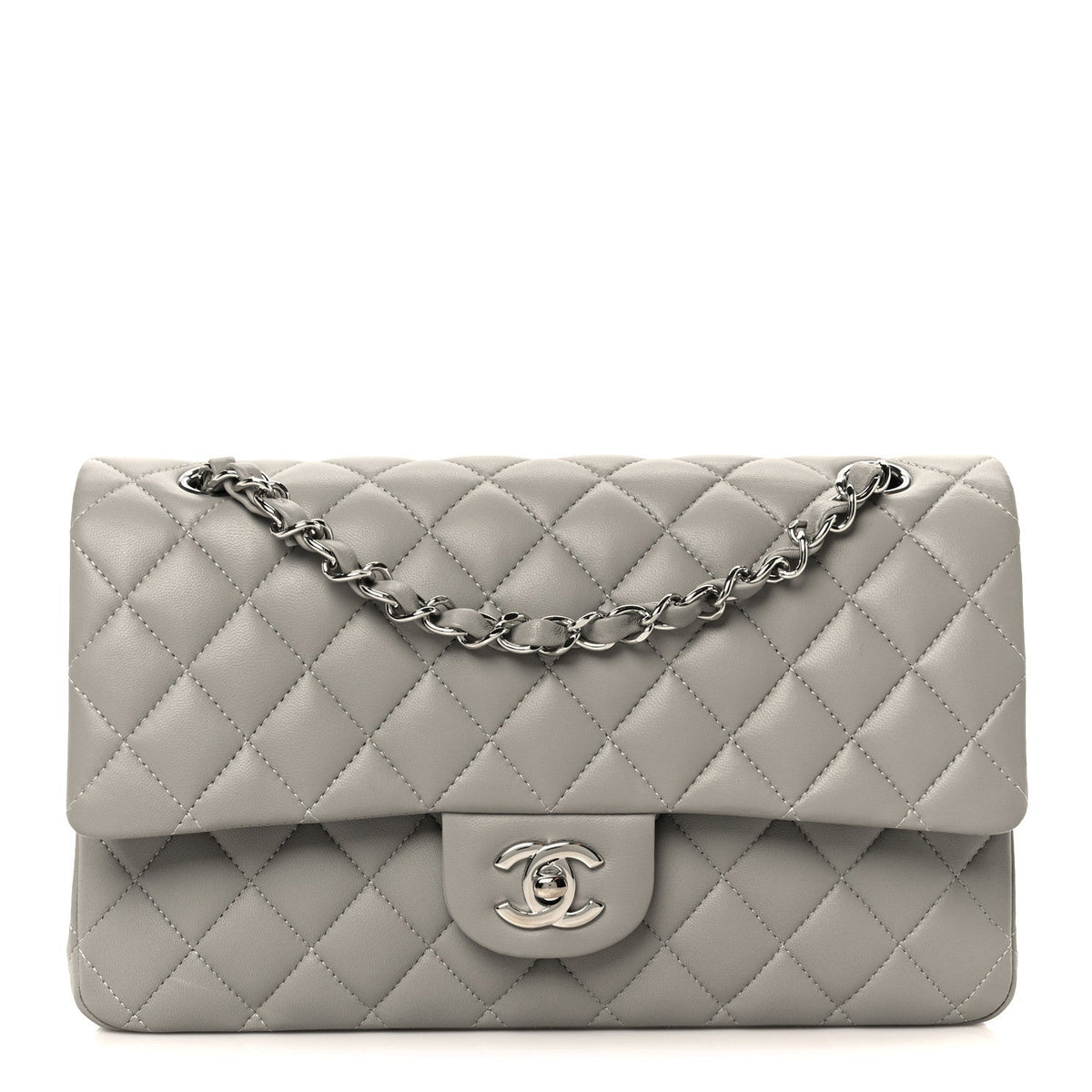 Lambskin Quilted Medium Double Flap Grey