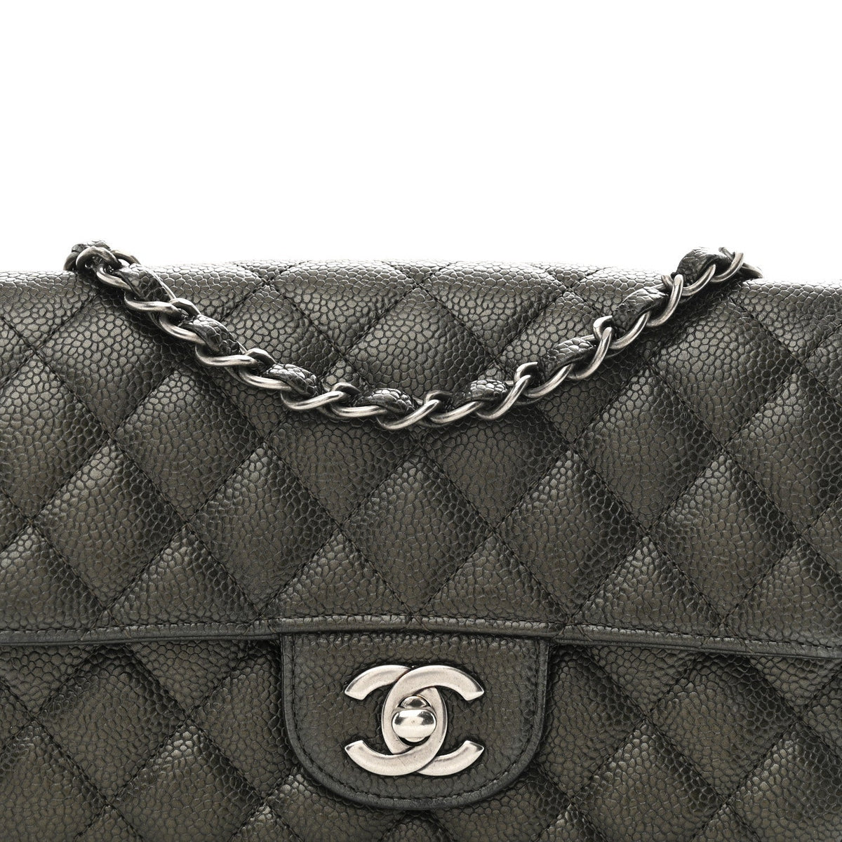 Metallic Caviar Quilted Mini Rectangular Flap Dark Grey