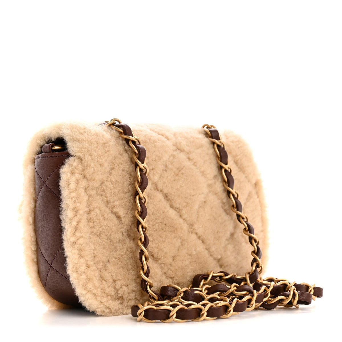 Shearling Lambskin Quilted Mini Furry Coco Flap Beige Brown
