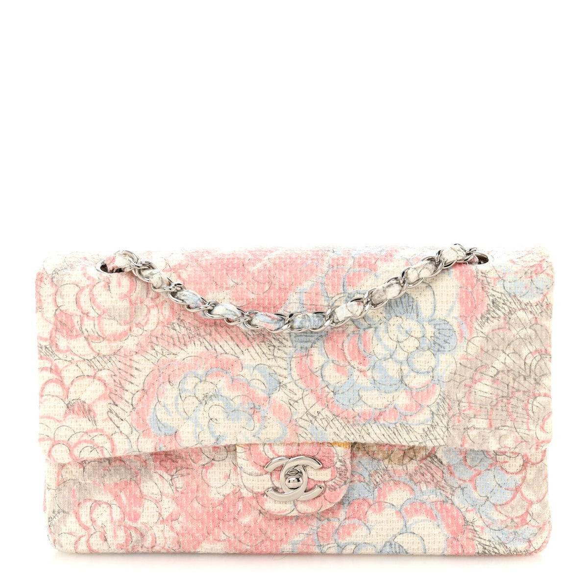 Tweed Quilted Camellia Medium Double Flap Ivory Multicolor