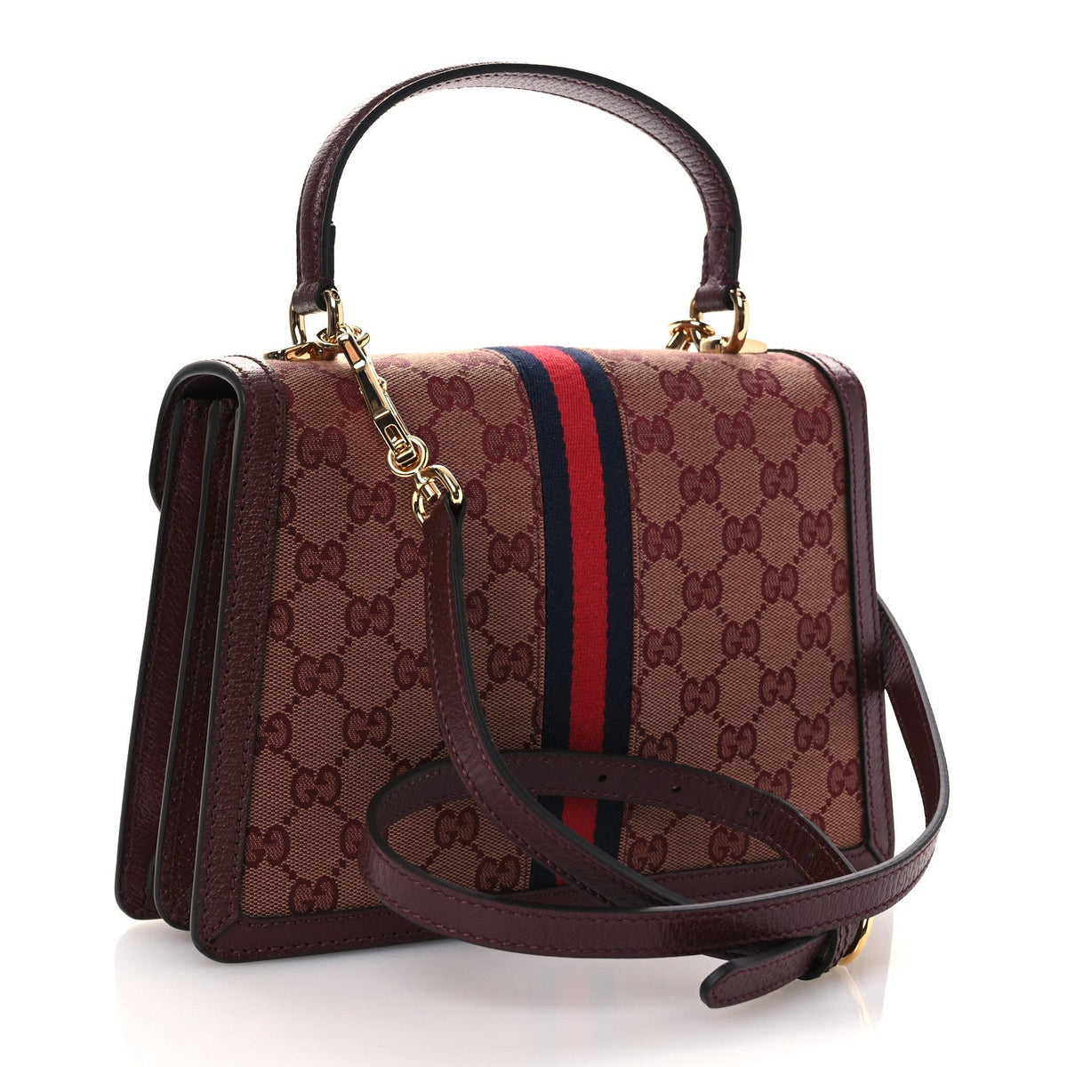 GG Supreme Monogram Textured Dollar Calfskin Web Small Ophidia Padlock Top Handle Bag Bordeaux