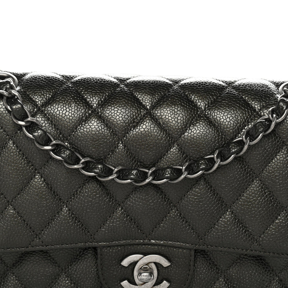 Metallic Caviar Quilted Medium Double Flap Dark Charcoal