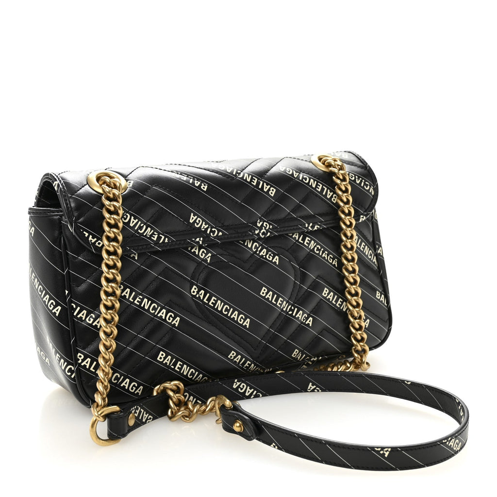 X BALENCIAGA Calfskin Matelasse Logo Print Small GG Marmont Shoulder Bag Black