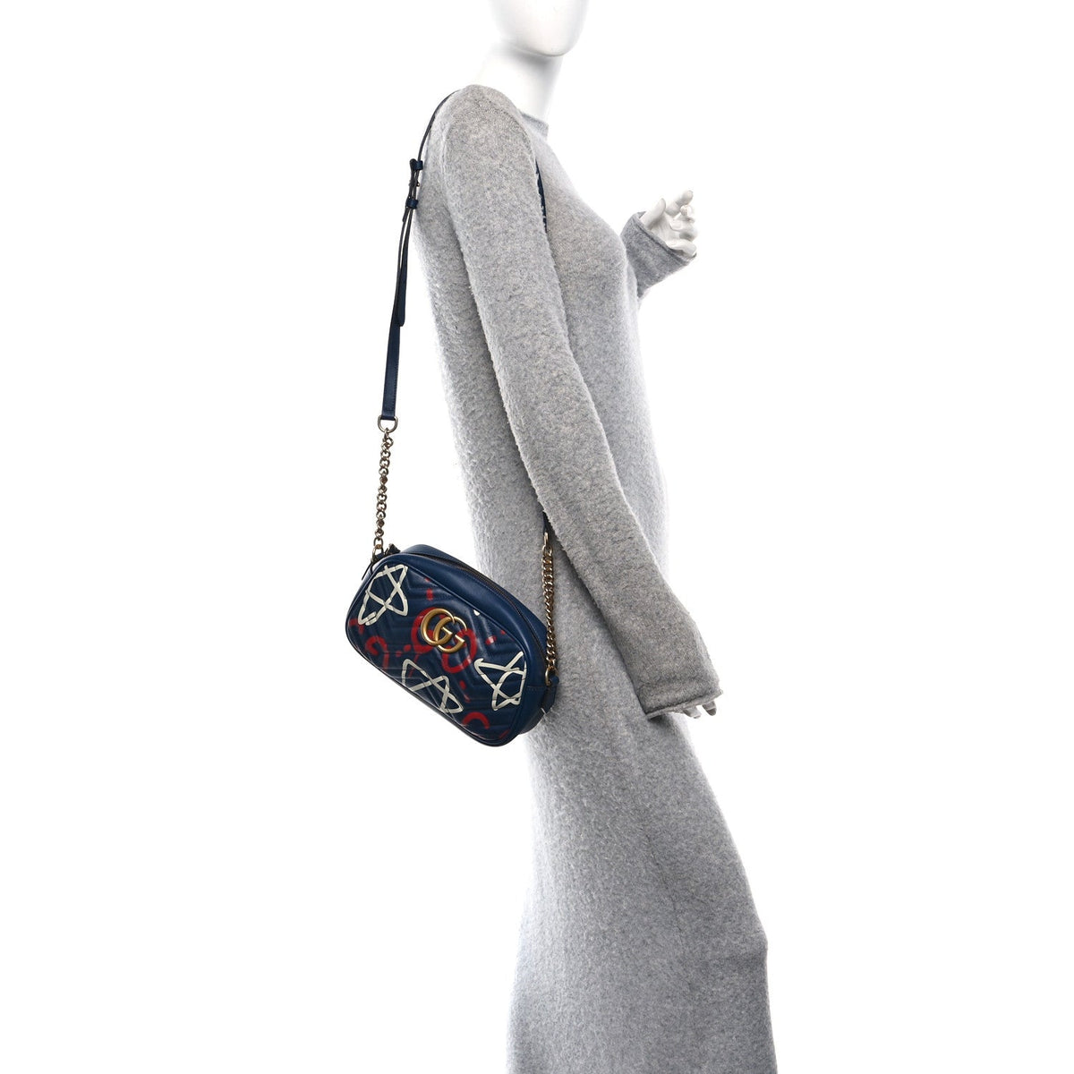 Calfskin Matelasse GucciGhost Small GG Marmont Chain Shoulder Bag  Black Hibiscus Red