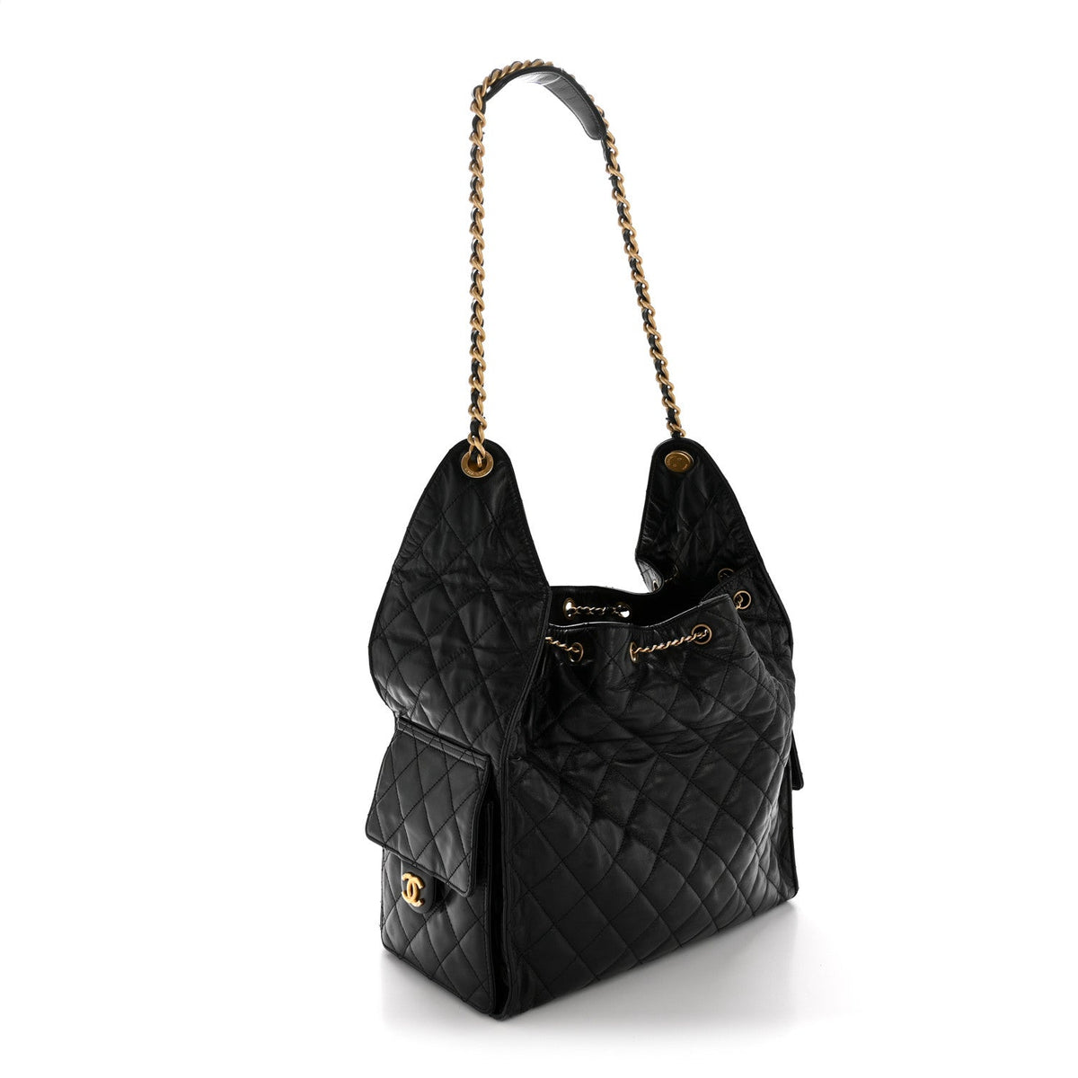 Shiny Crumpled Calfskin Quilted Medium Chanel 25 Handbag Black