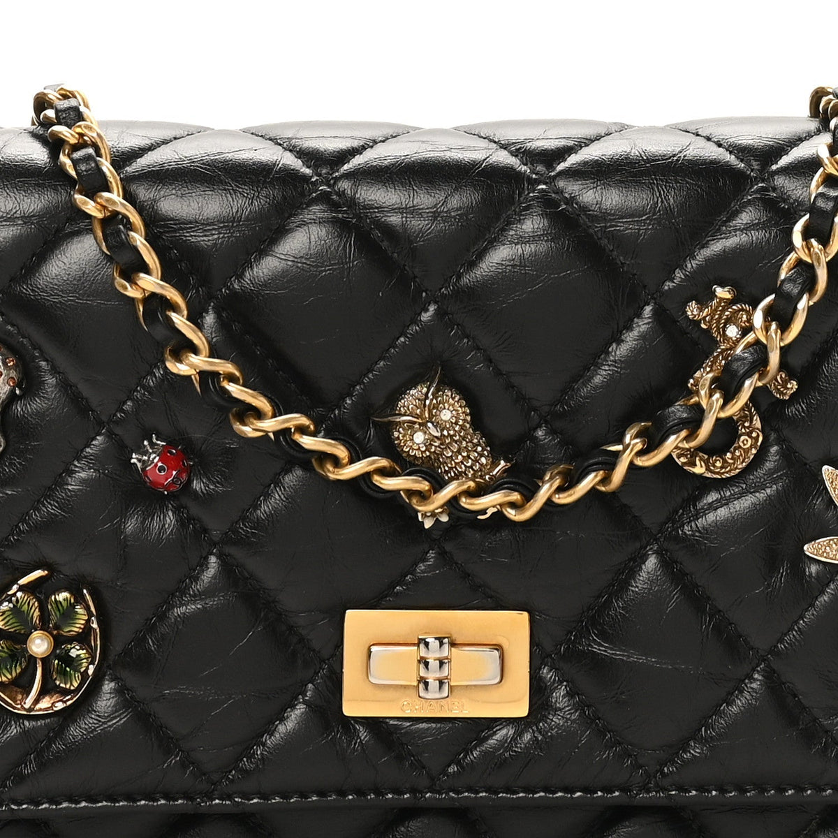 Aged Calfskin Lucky Charms 2.55 Reissue Wallet on Chain WOC Black