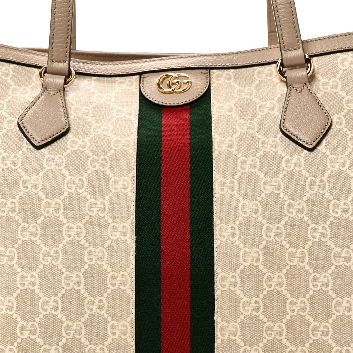 GG Supreme Monogram Textured Dollar Calfskin Web Medium Ophidia Shopping Tote Beige Mystic White Oatmeal