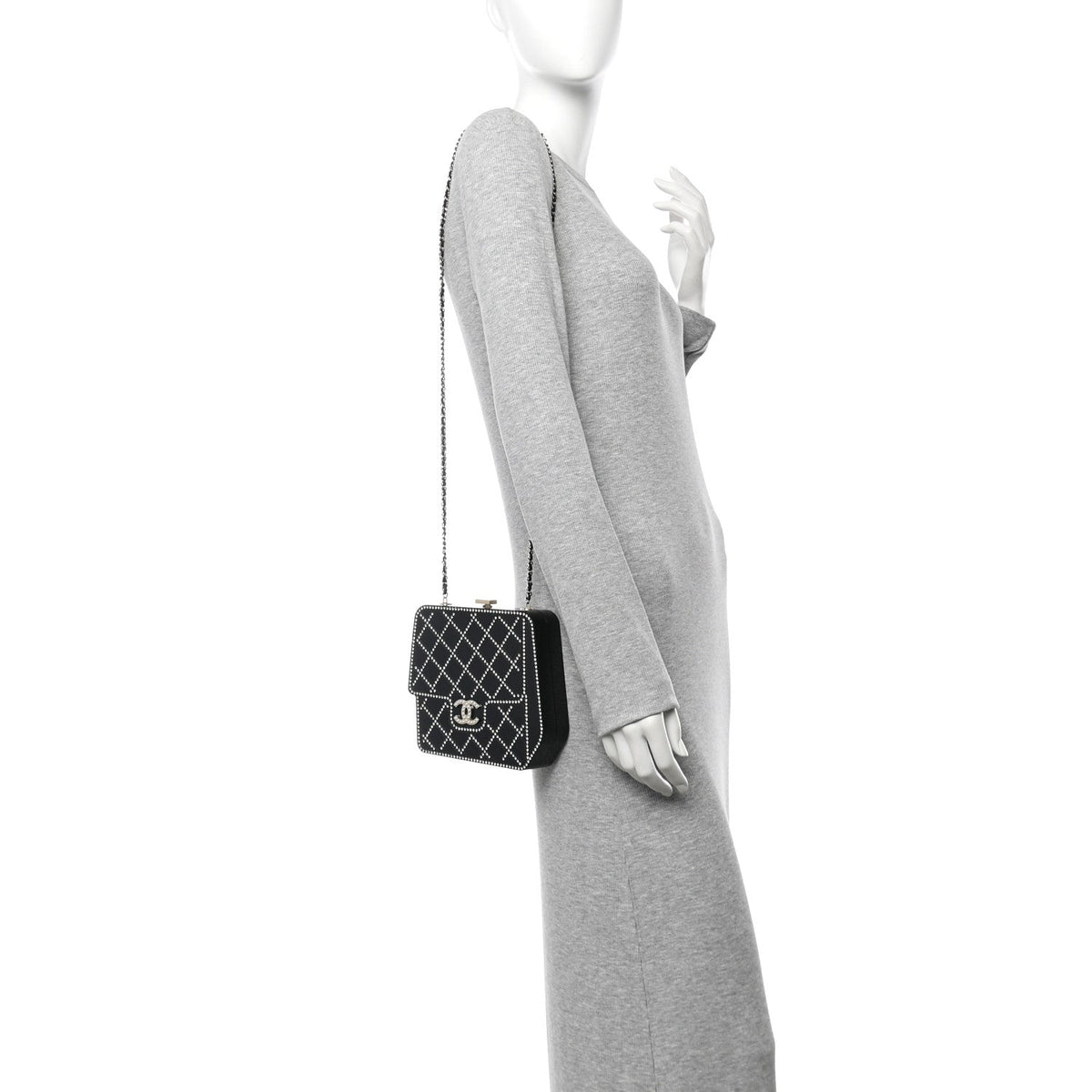 Plexiglass Crystal Quilted Minaudiere Clutch Black White