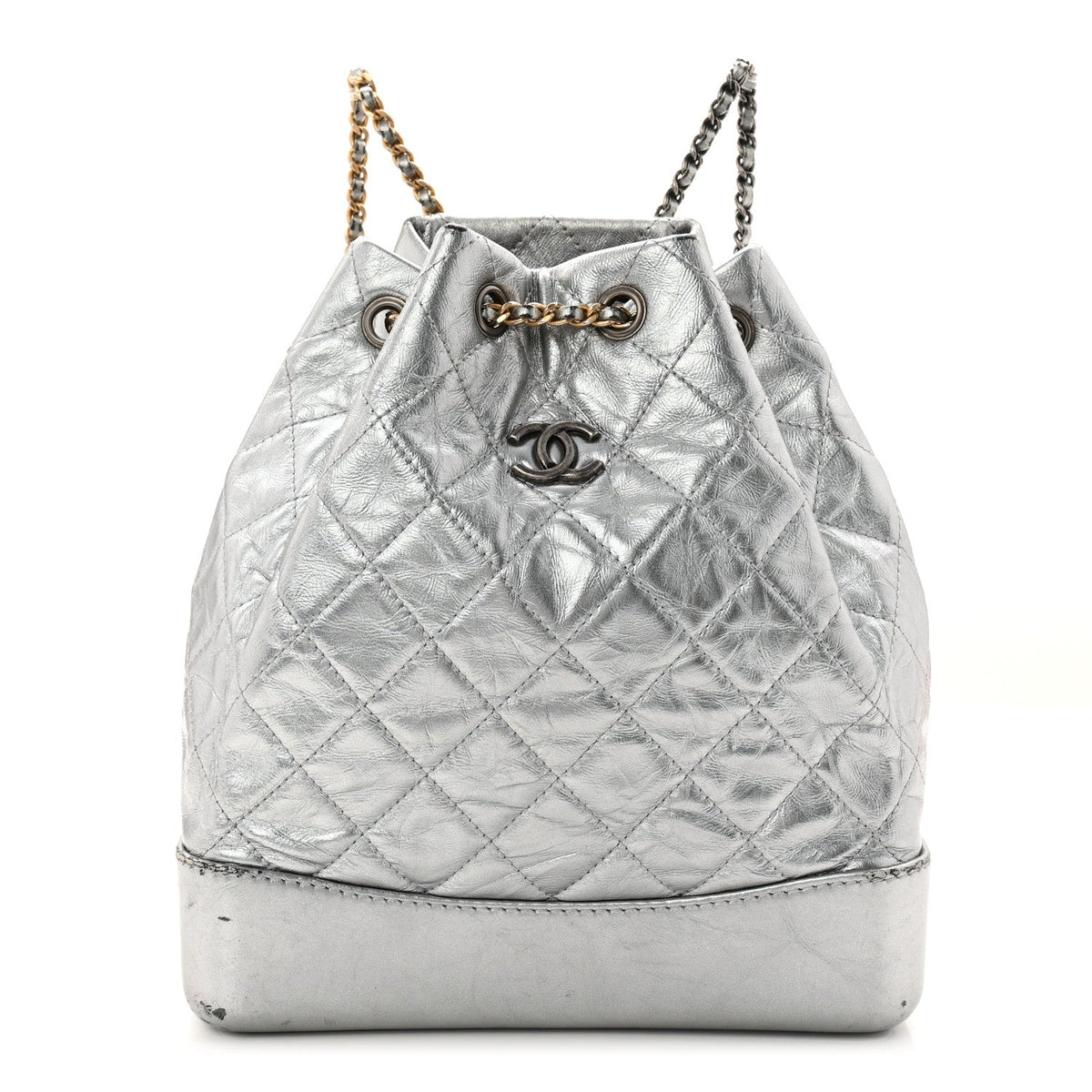 Metallic Crumpled Calfskin Quilted Small Gabrielle Backpack Silver