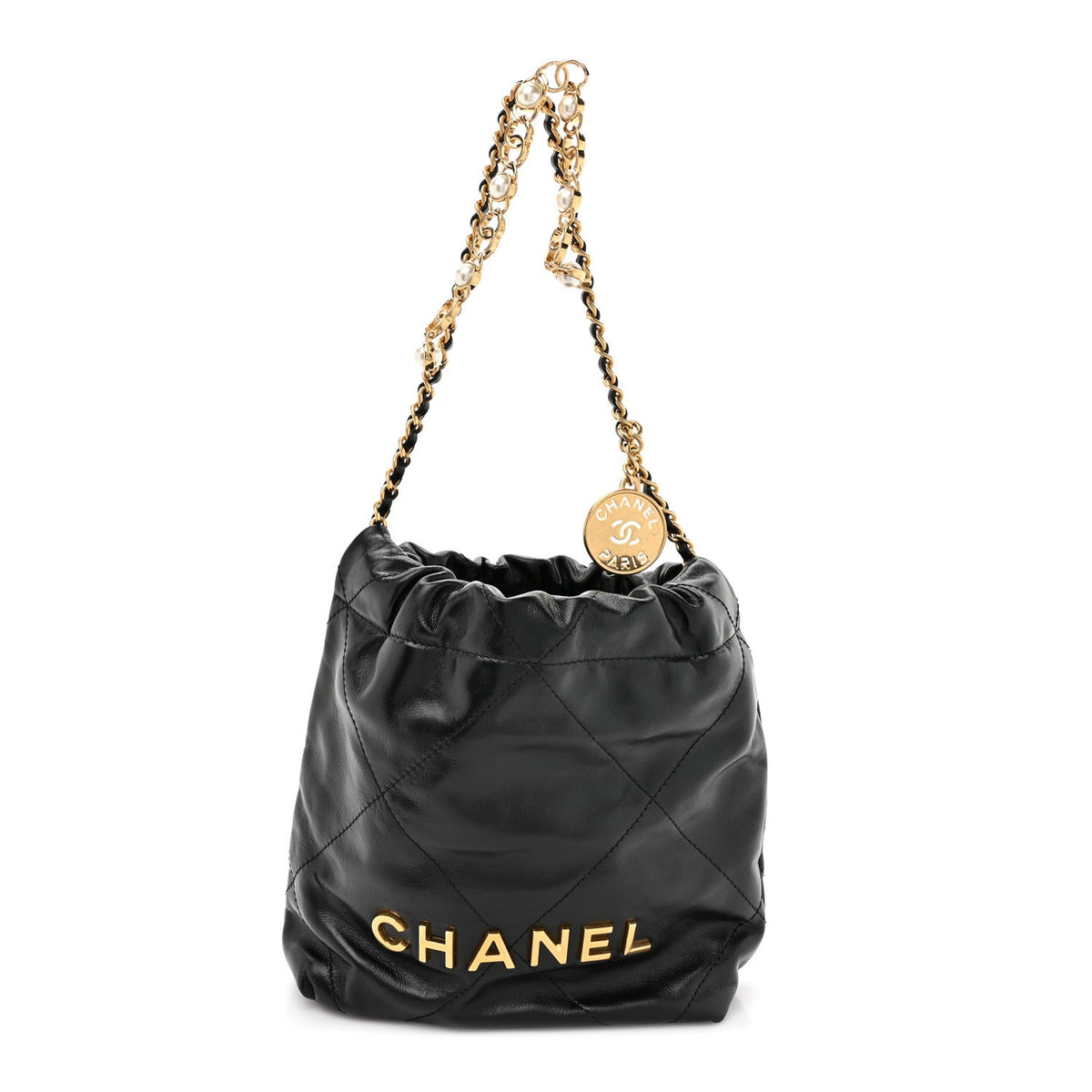 Shiny Calfskin Quilted Pearl CC Chain Mini Chanel 22 Black