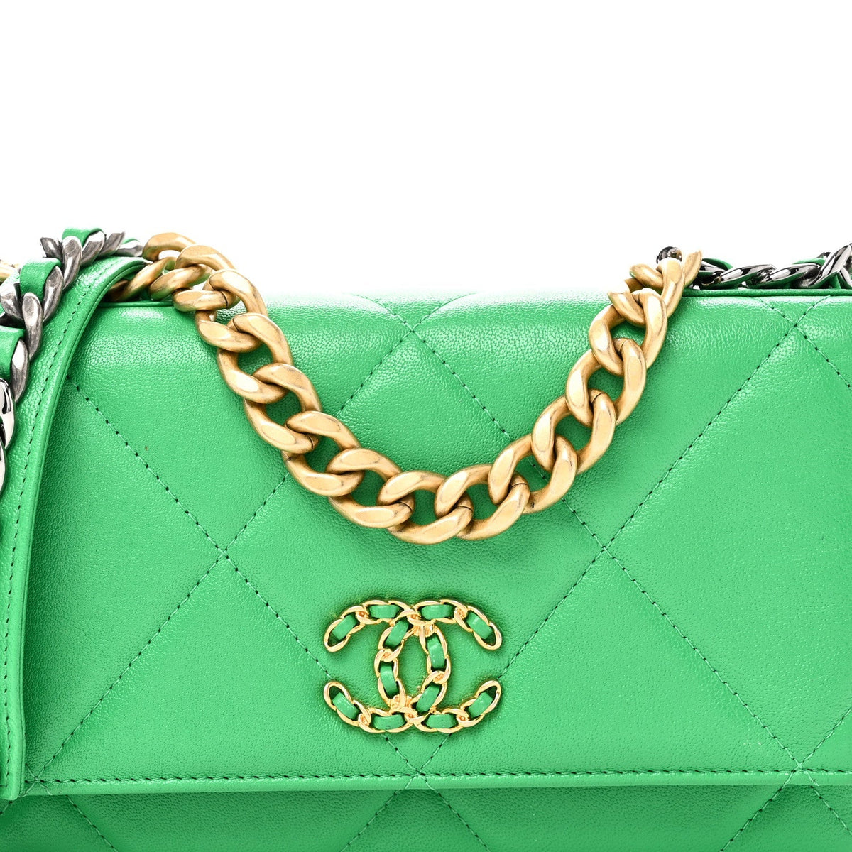 Shiny Goatskin Quilted Chanel 19 Wallet On Chain WOC Green