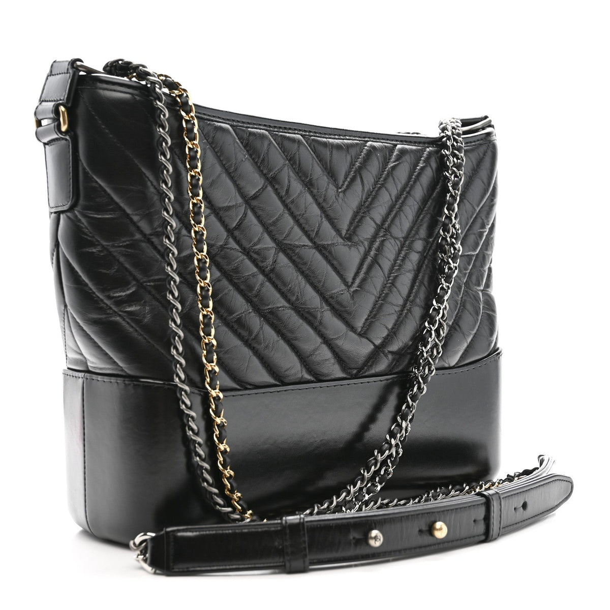 Aged Calfskin Chevron Quilted Medium Gabrielle Hobo Black