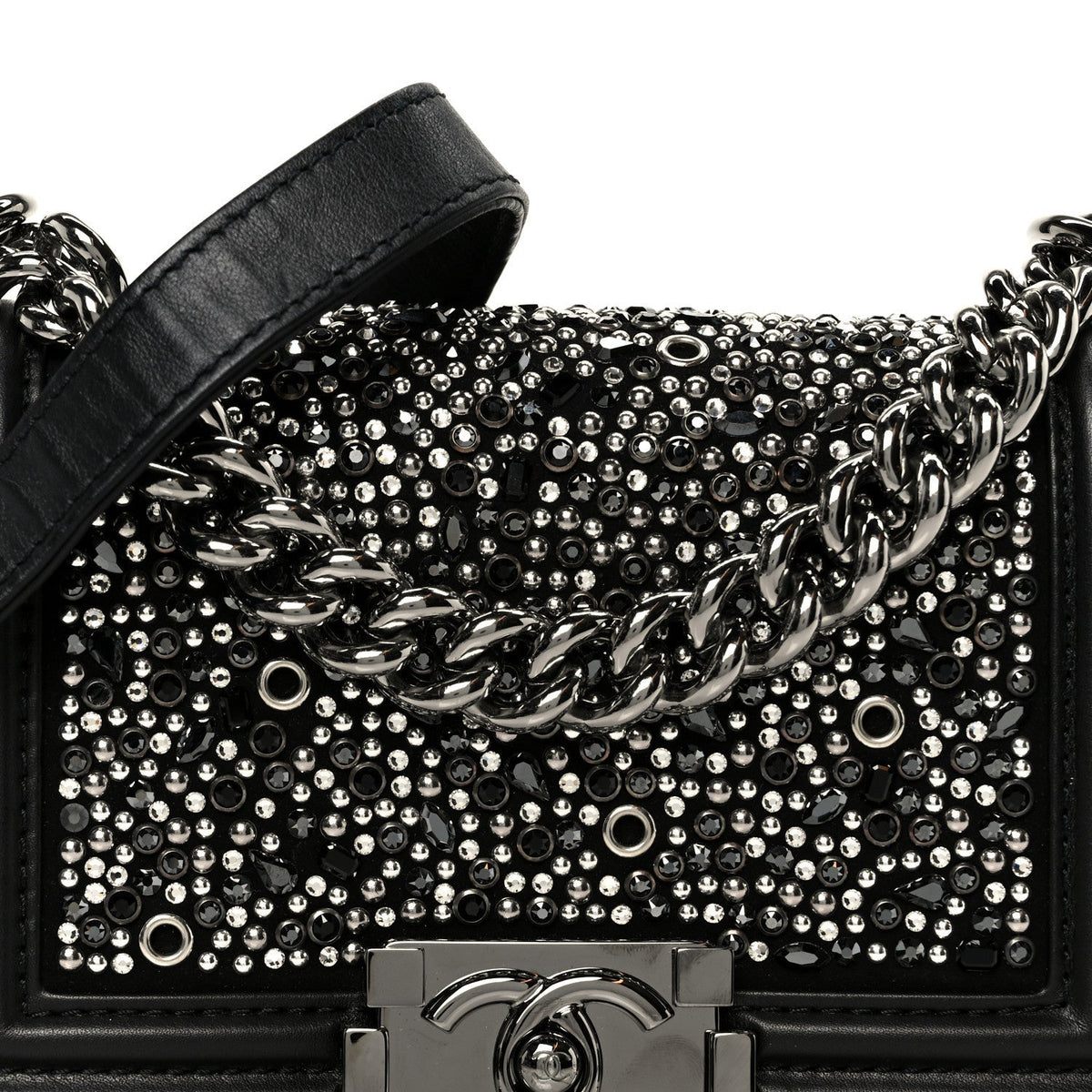 Calfskin Strass Crystal Small Boy Flap Black