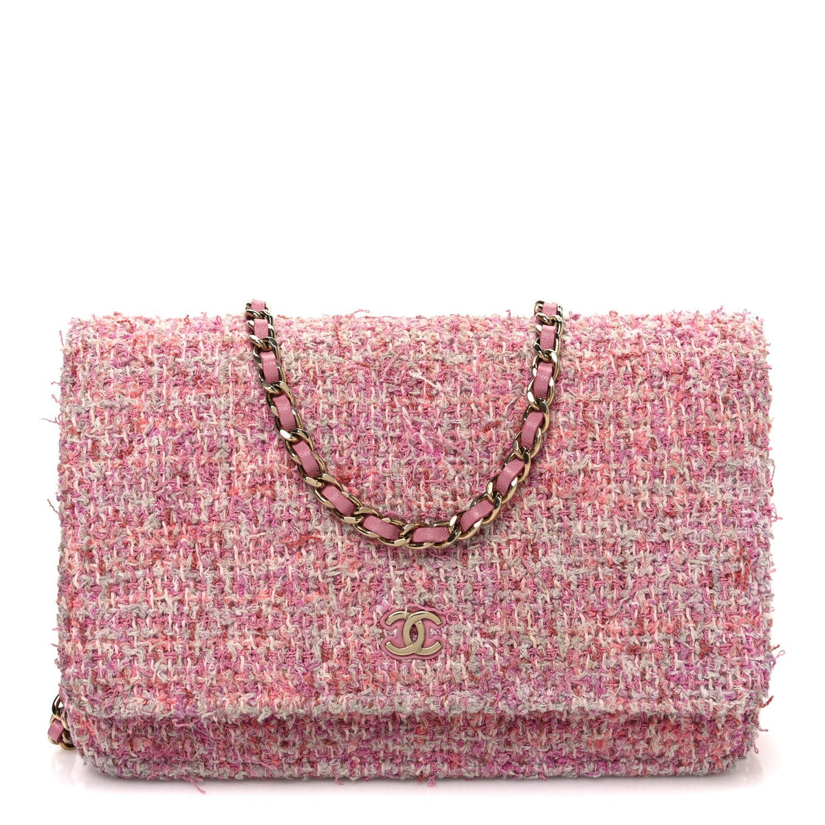 Tweed Quilted Wallet On Chain WOC Pink