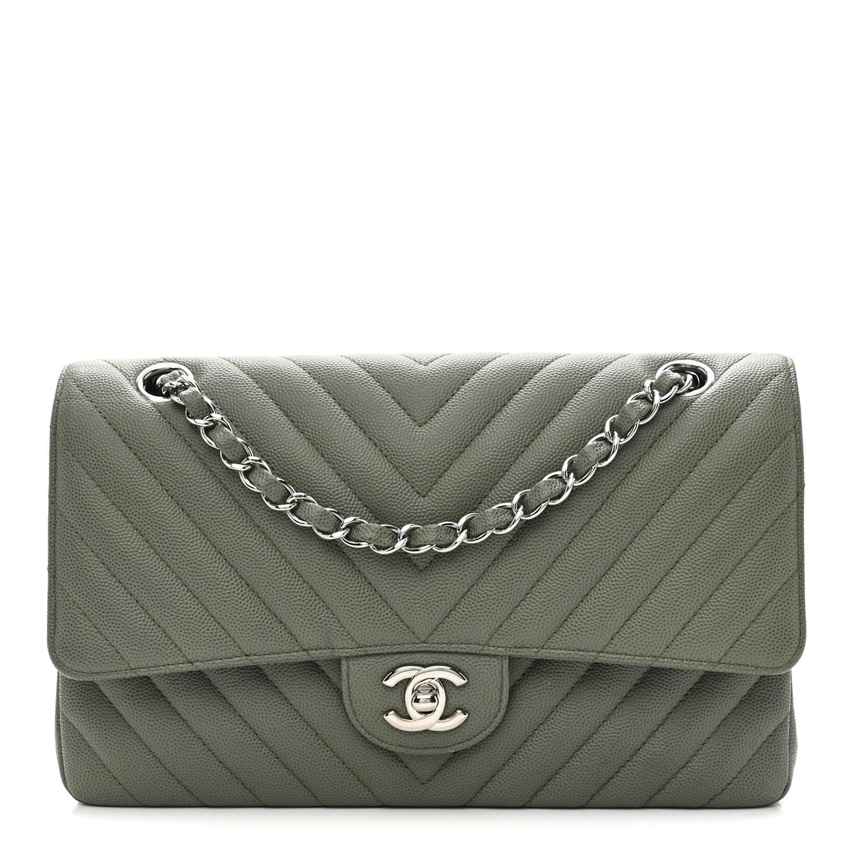 Caviar Chevron Quilted Medium Double Flap  Green