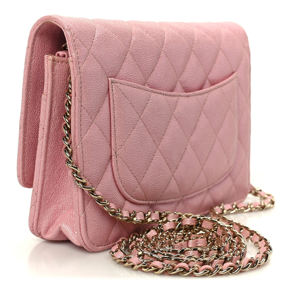 Iridescent Caviar Quilted Wallet on Chain WOC Rose Pink